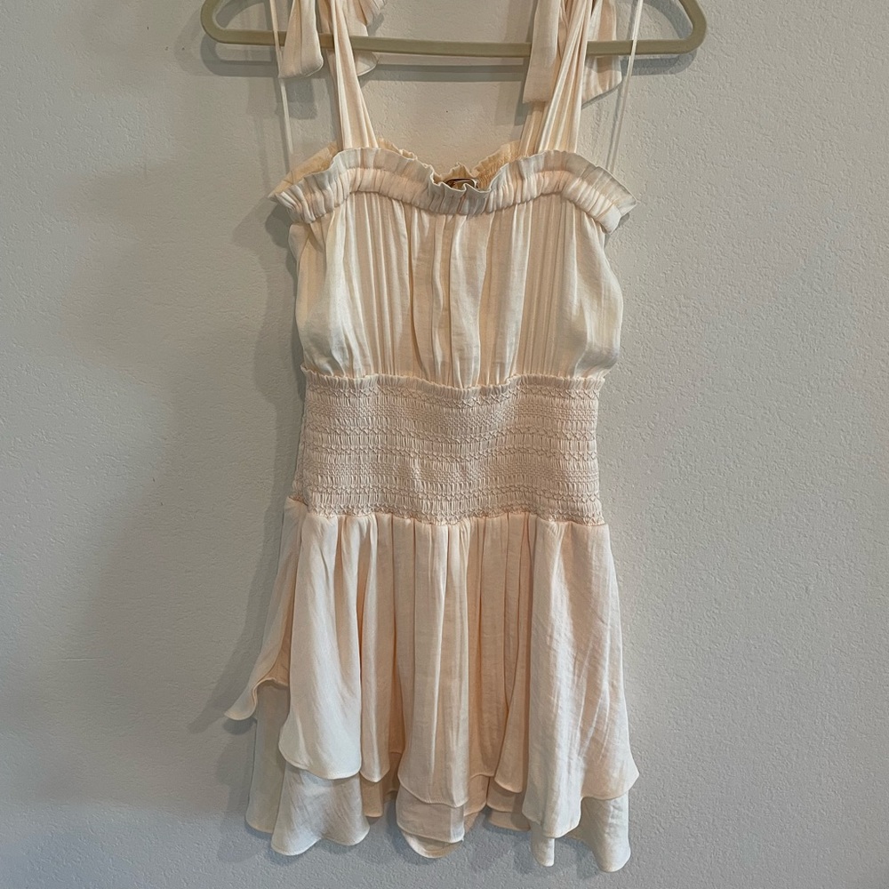 Square Neck Sleeveless Tie Shoulder Smocked Mini Ruffle Satin Romper